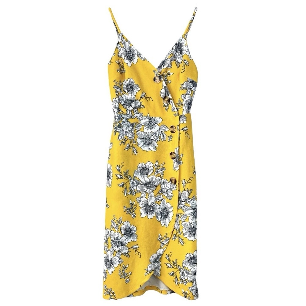 Love J Boutique Floral Faux Wrap Buttoned Stretch Dress Yellow White Size Small